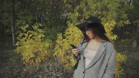 woman using phone in autumn park