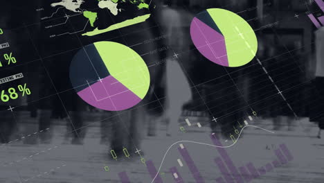 animación de estadísticas y procesamiento de datos financieros sobre personas que caminan por la calle de la ciudad