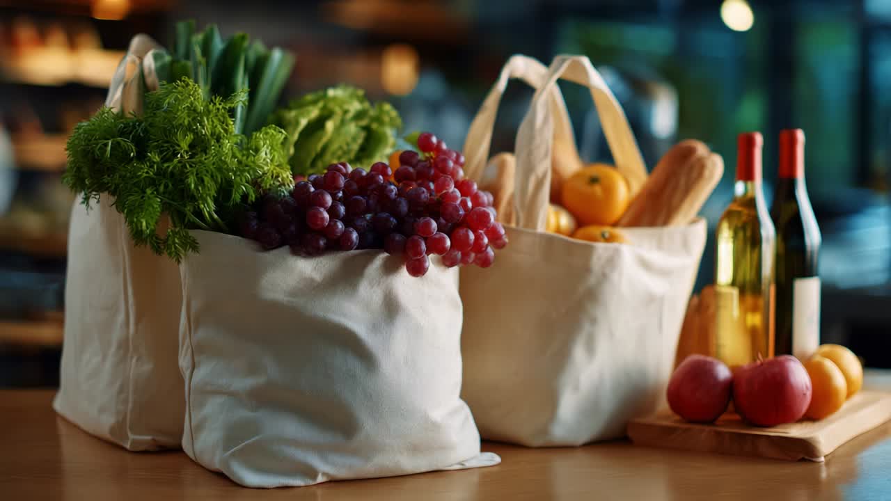 A Colorful Array of Fresh Produce and Groceries Arranged Neatly in Eco-Friendly Bags, Showcasing Organic Vegetables, Fruits, and Beverages, Perfect for Healthy Meal Preparation and Culinary Exploration