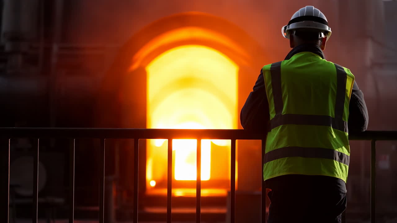 Operatore di fronte a un forno fusorio in fonderia, operaio in silhouette con giubbotto riflettente e casco osserva il bagliore incandescente