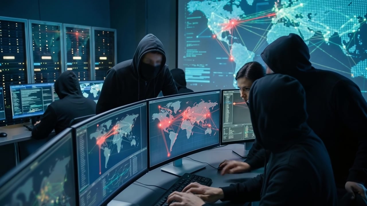 Team of computer experts monitoring global data maps in a dark high tech control room