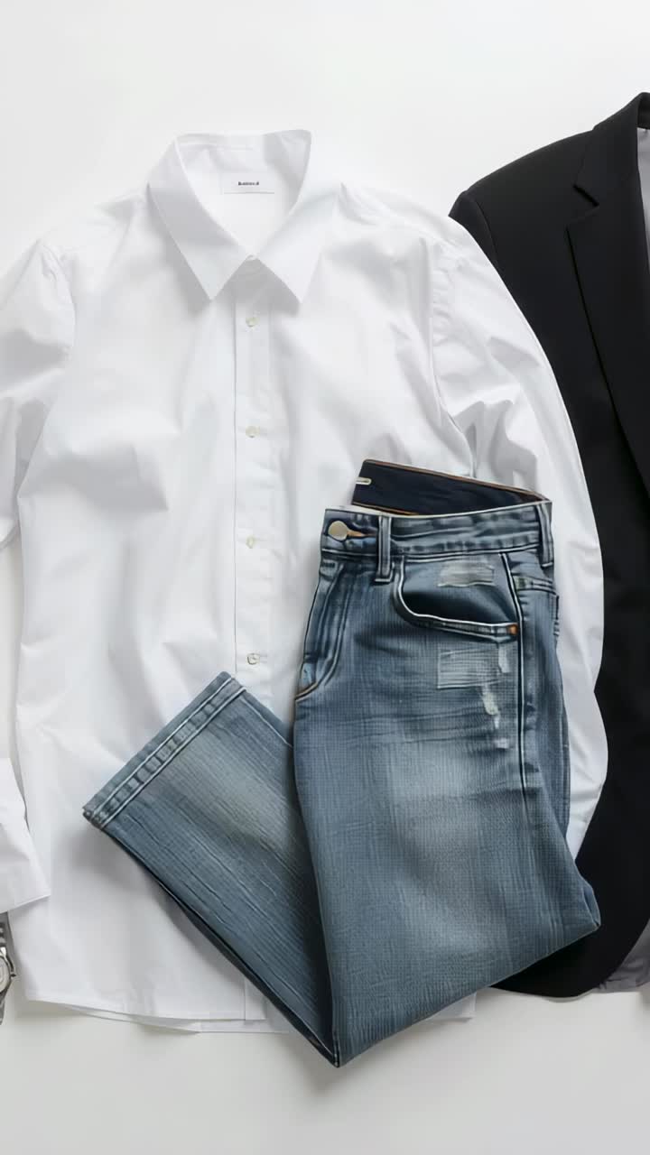 Vídeo vertical: Primer plano con ángulo de cámara ajustado sobre una camisa blanca y vaqueros azules en una mesa blanca, mostrando la costura del bolsillo