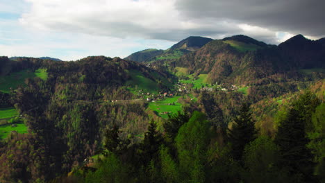 Drone-moving-up-on-a-windy-day-to-reveal-pretty-rural-scene-on-Swiss-mountains