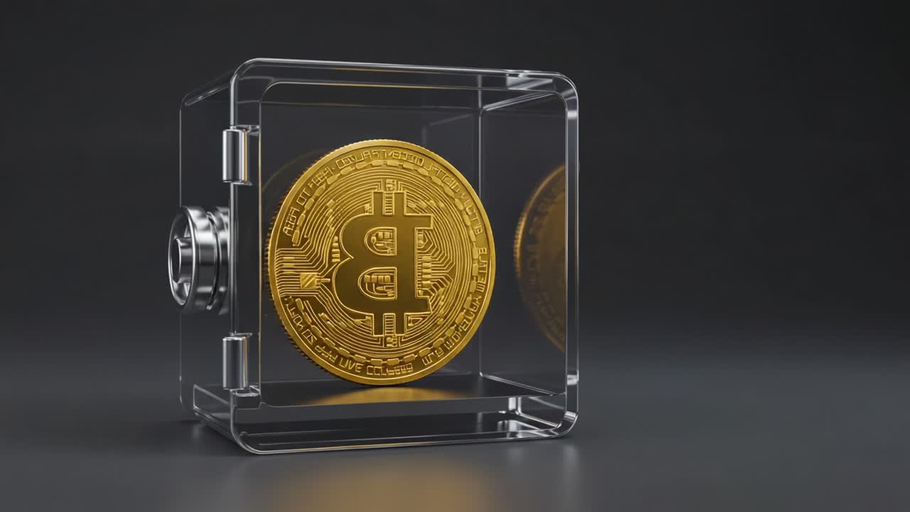 A Transparent Safe Showcasing a Golden Bitcoin Inside, Emphasizing Security, Digital Currency, and Financial Innovation in a Glossy Black Background