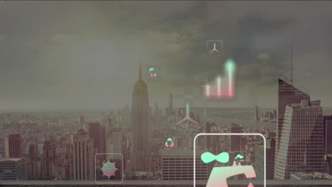 city skyline with environmental icons and data processing animation over buildings