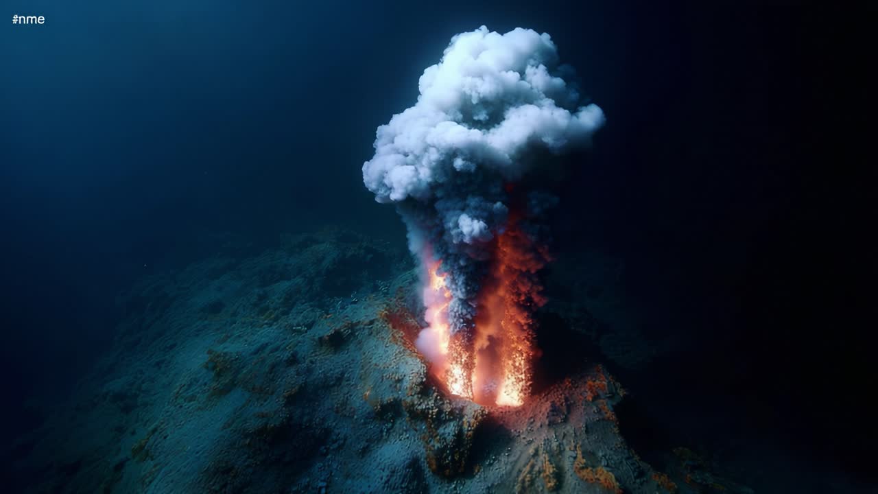 Spectacular Deep-Sea Eruption: A Captivating Display of Underwater Volcanic Activity Showcasing Ejecting Ash and Molten Material Against the Ocean's Mysterious Depths