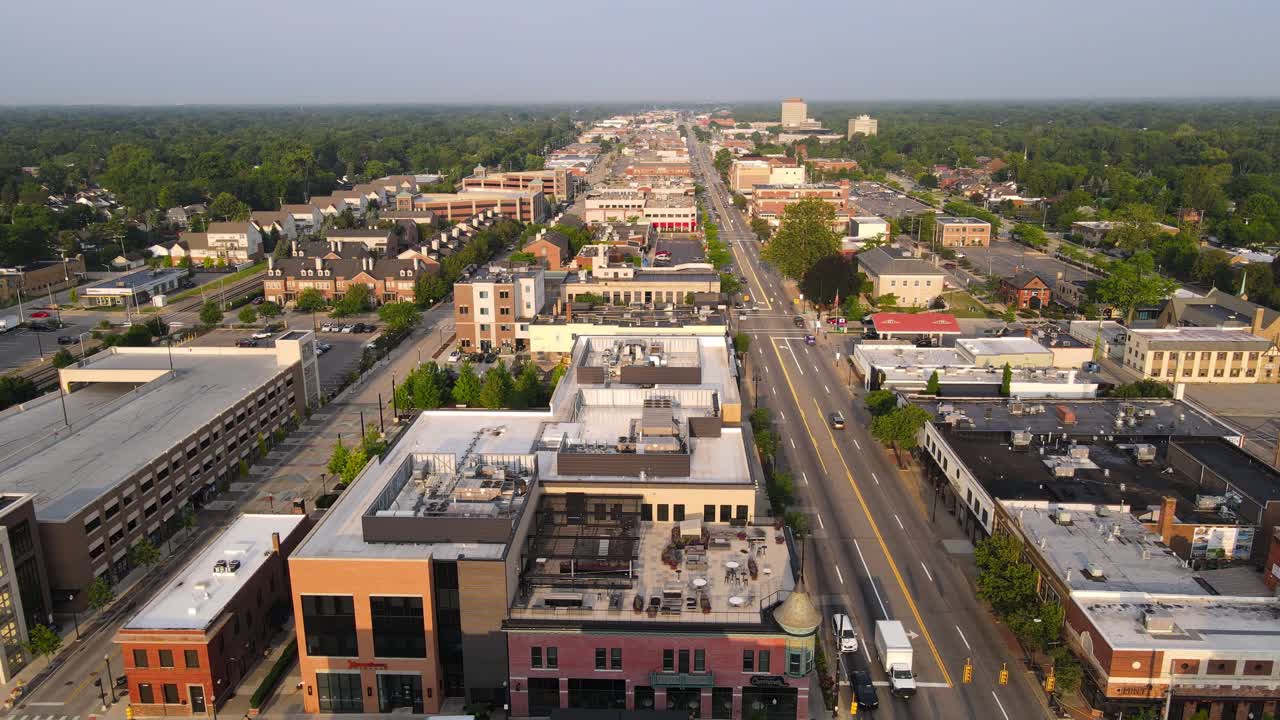 Aerial View of Downtown Dearborn, Michigan with Buildings and Streetscape