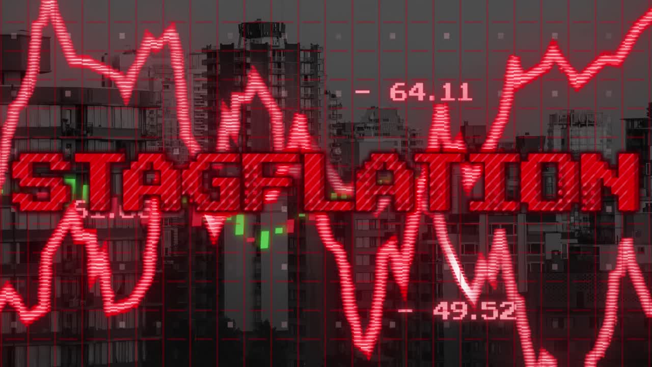 Animation of stagflation text in red with graph and charts processing data over cityscape