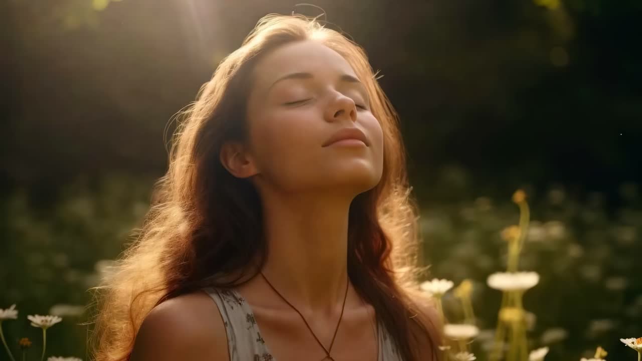 A serene video scene of a woman enjoying sunlight in a meadow, captured from a low angle