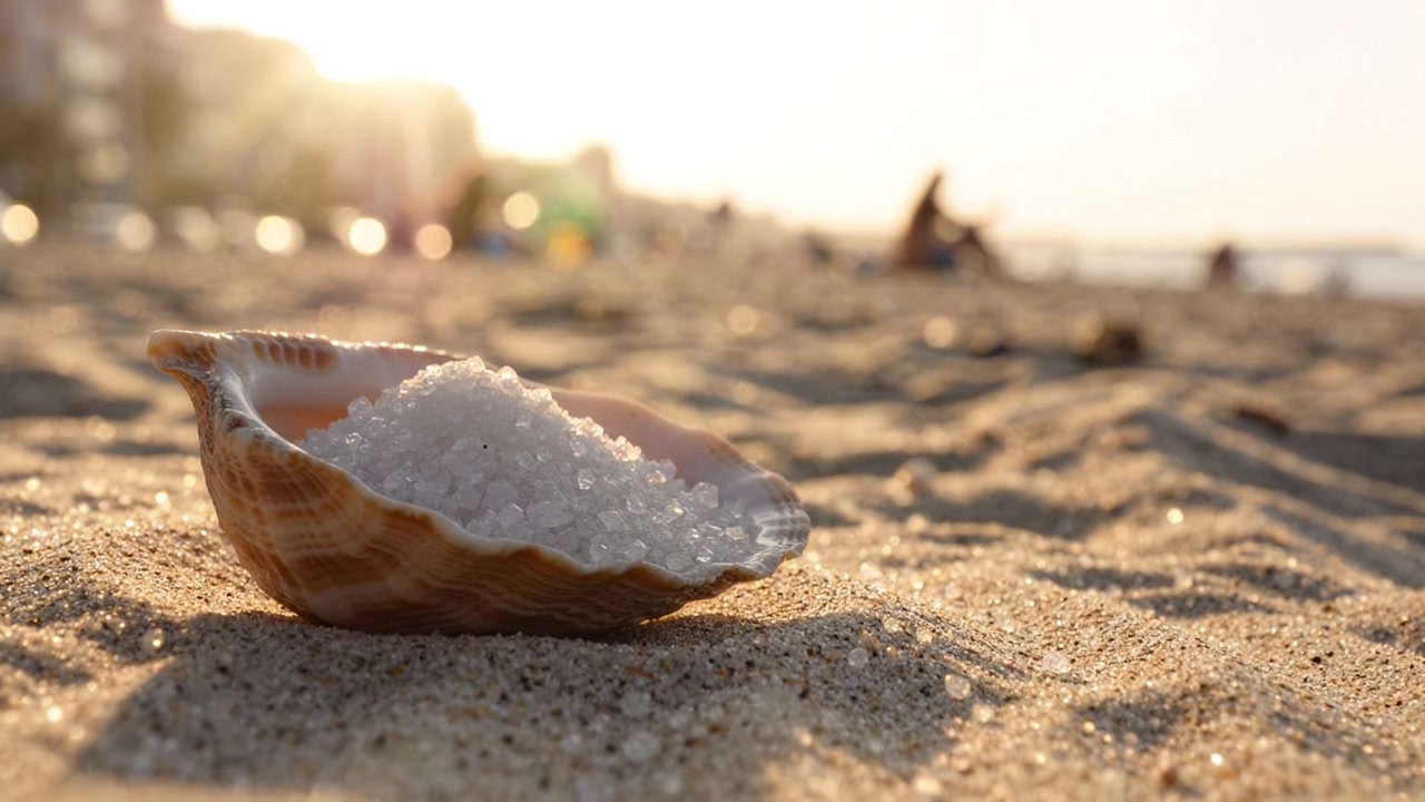 En smuk muslingeskal fyldt med glitrende krystaller på en solbeskinnet sandstrand, fanget i solnedgangens varme skær, hvilket skaber en beroligende scene