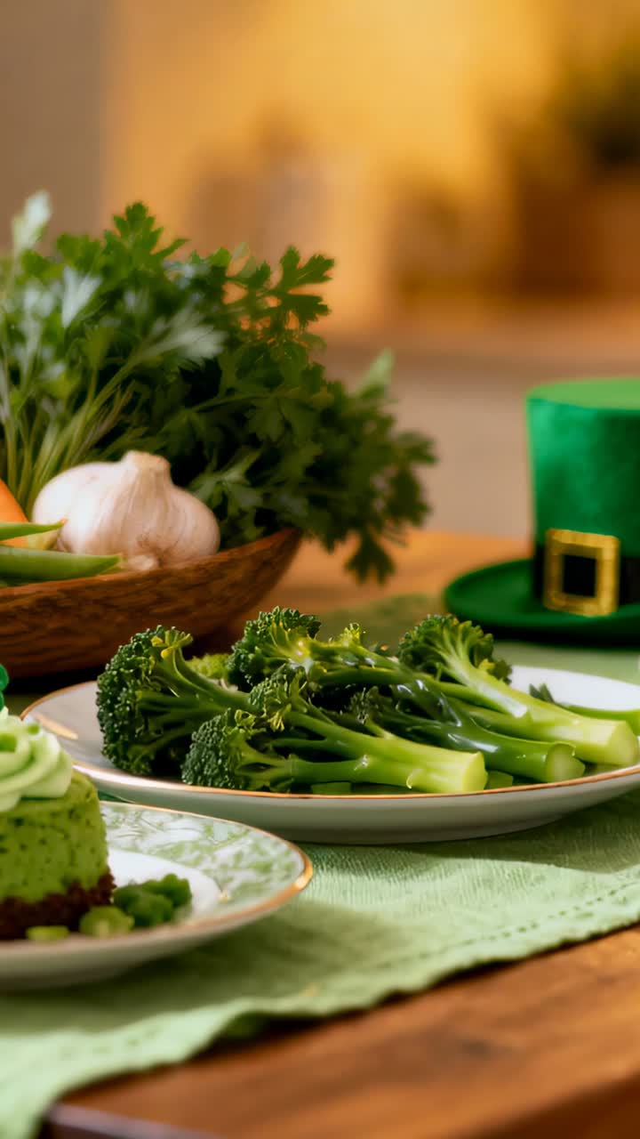 Video verticale: Telecamera in movimento che centra un piatto di broccoli in cucina, mostrando prezzemolo e un cappello verde.