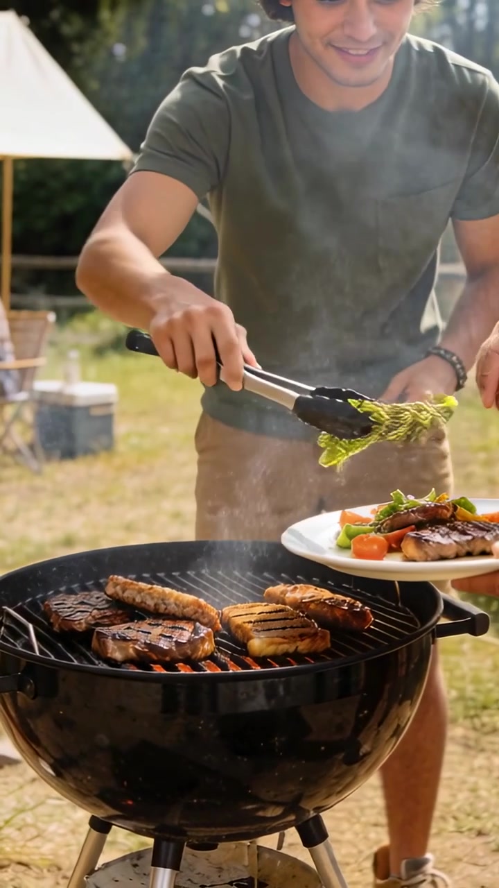 Vertical video: Grilling man in olive tee flipping steaks with tongs in yard, adding herb for guest