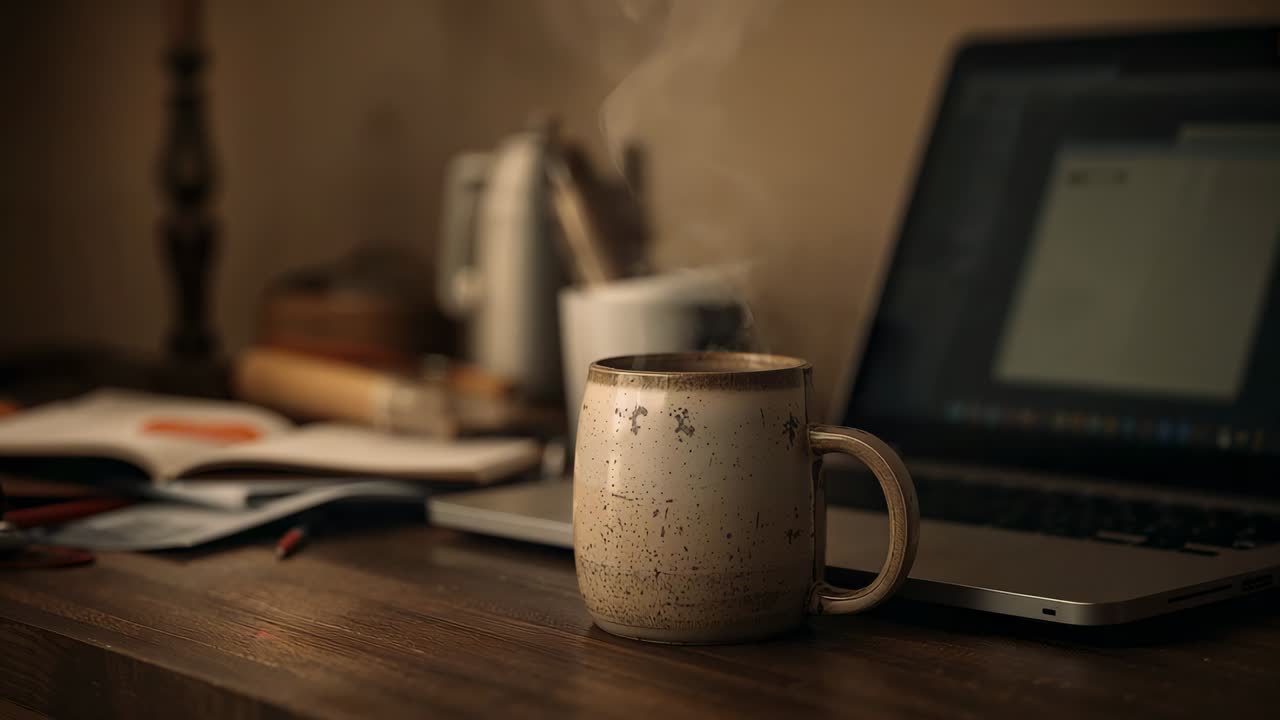 Showing autofocus refocusing to keep mug sharp on wooden desk, with laptop notes pen lamp pencils