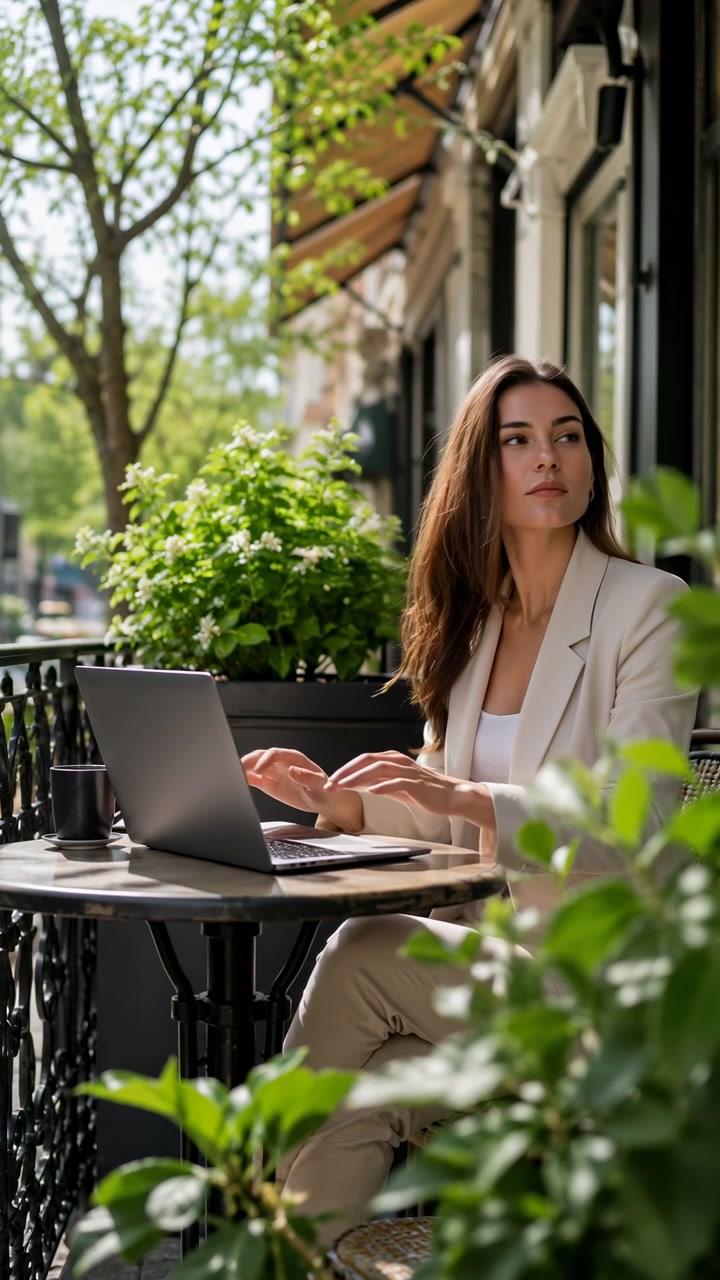 Seduta a un tavolino da terrazza, una donna usa un laptop accanto a una tazza scura mentre la luce del sole filtra attraverso il fogliame verde, poi smette brevemente di digitare e guarda di lato.