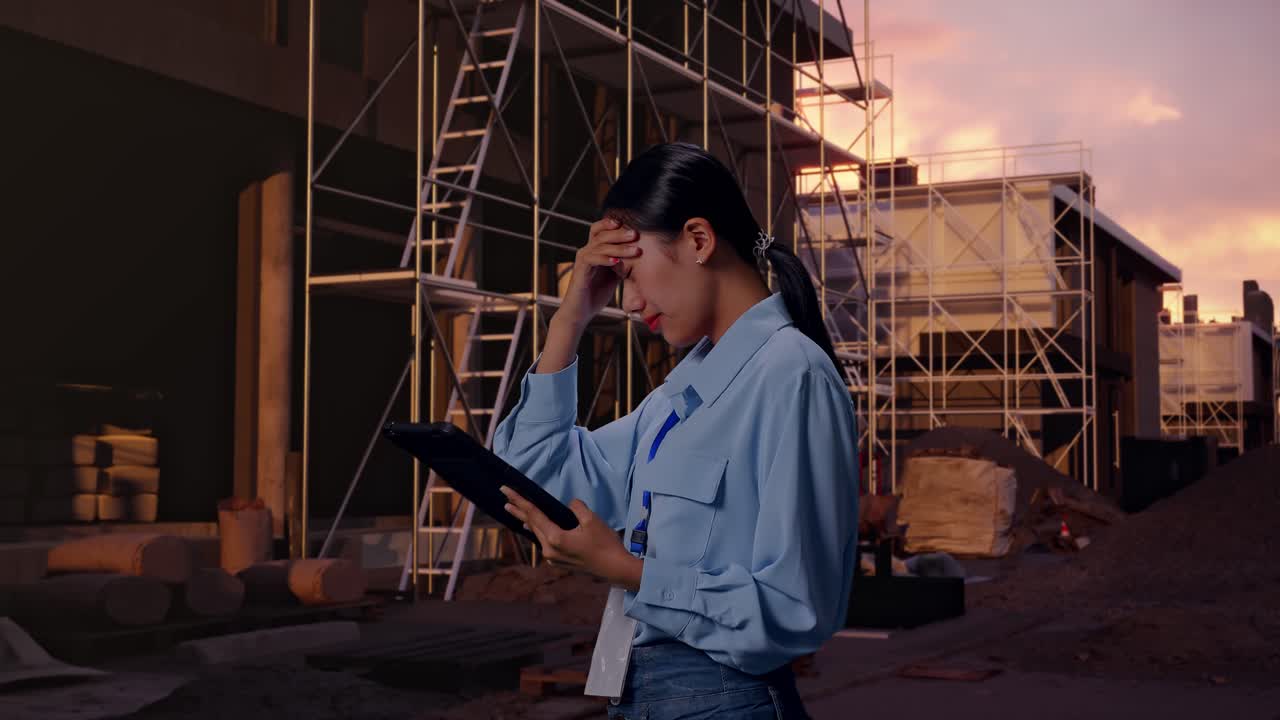 Side View Of Asian Female With Her Tablet At Construction Site in Progress to New House, Checking With Dissapionted And Nodding Her Shead
