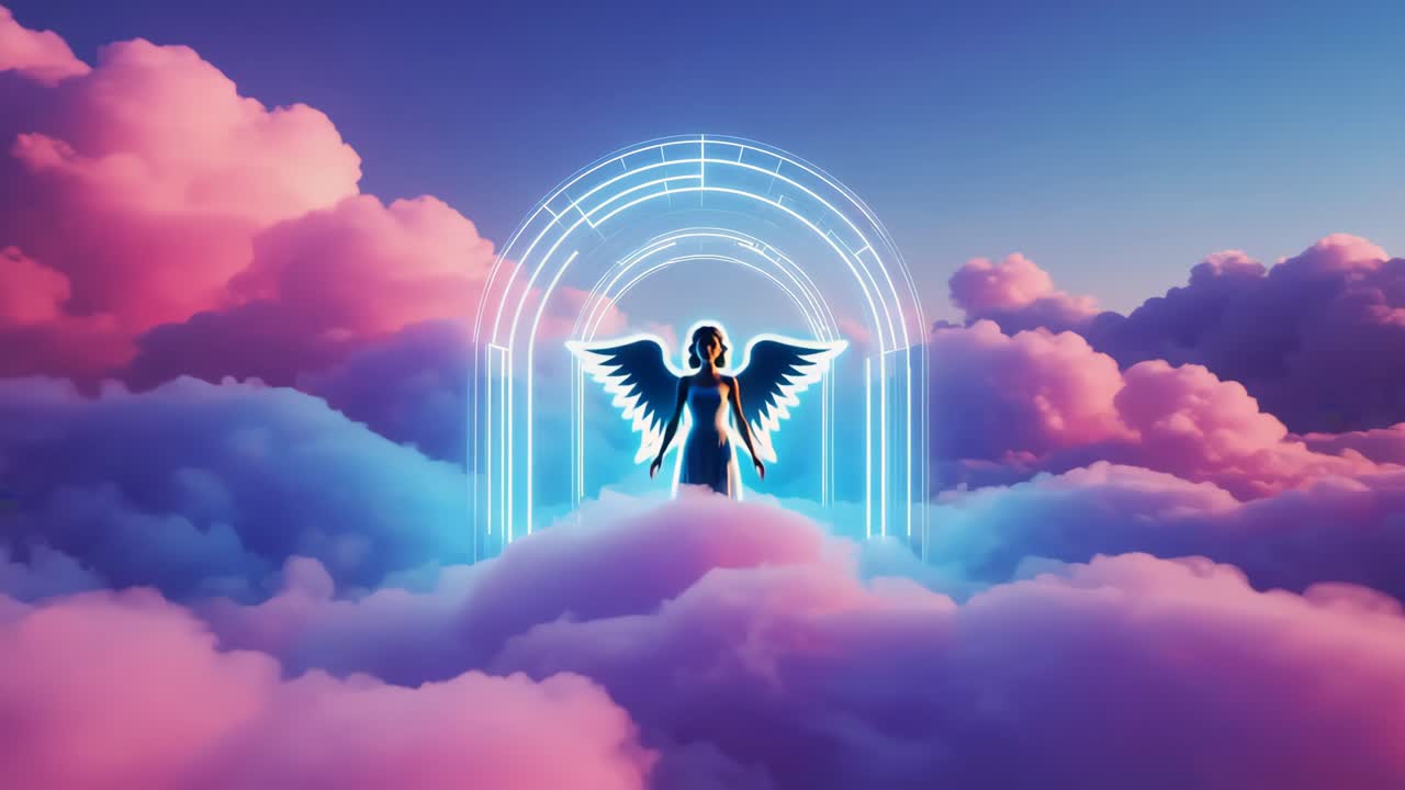 An Angelic Figure Emerging from a Neon Portal in the Clouds