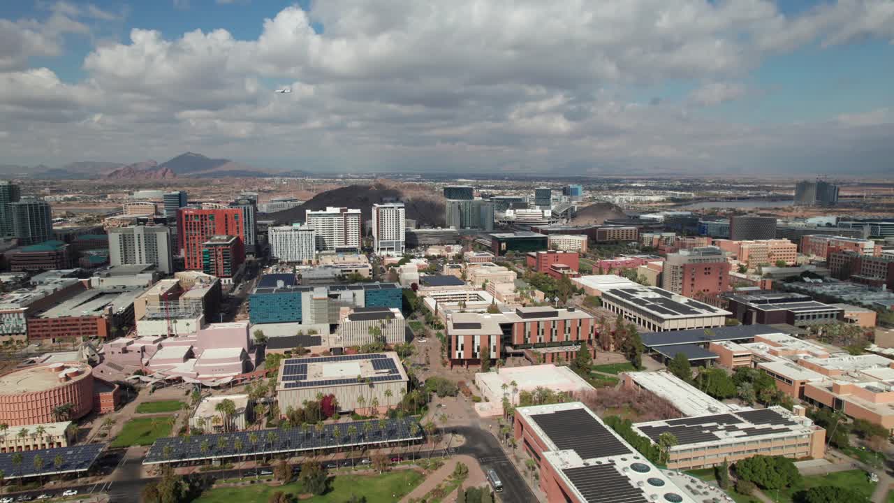 Aerial view of Tempe, Arizona skyline and ASU, 4k drone shot