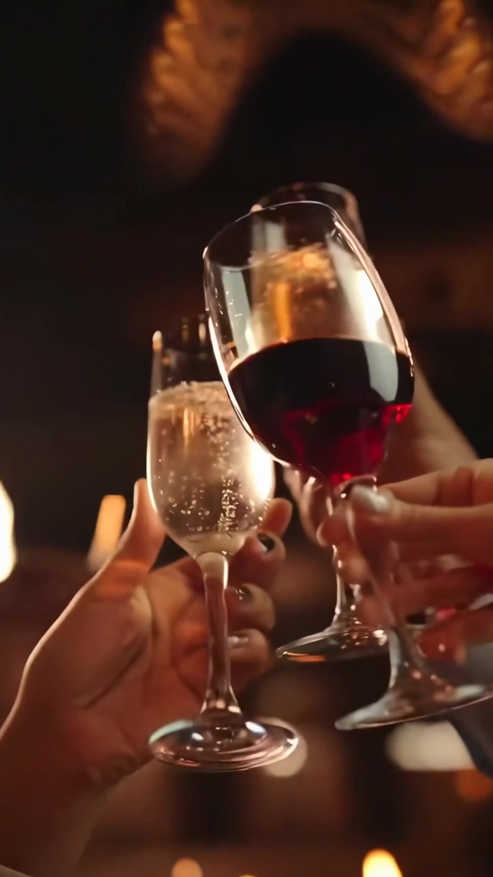 Friends Toasting with Wine and Champagne Glasses at Night