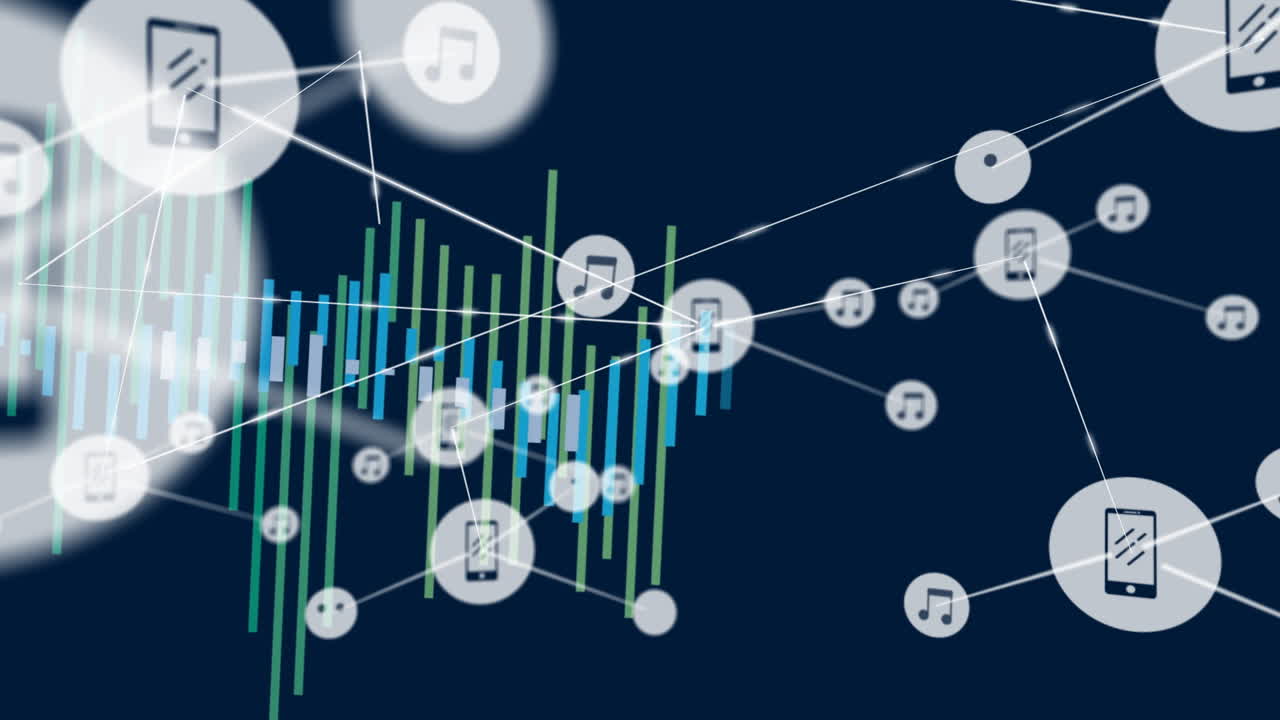 Music icons and animation with data graphs interconnected on dark blue background