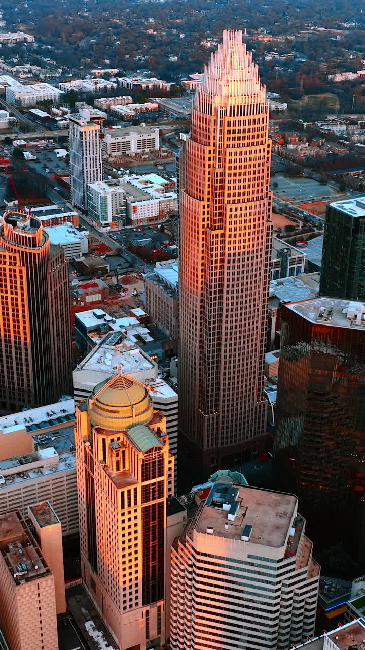 Skyscrapers in the pink light of setting sun stand out in the plain architecture of a big city. Panorama of Charlotte, North Carolina, USA from top view. Vertical video