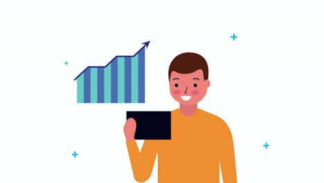 young businessman using smartphone with statistics bars