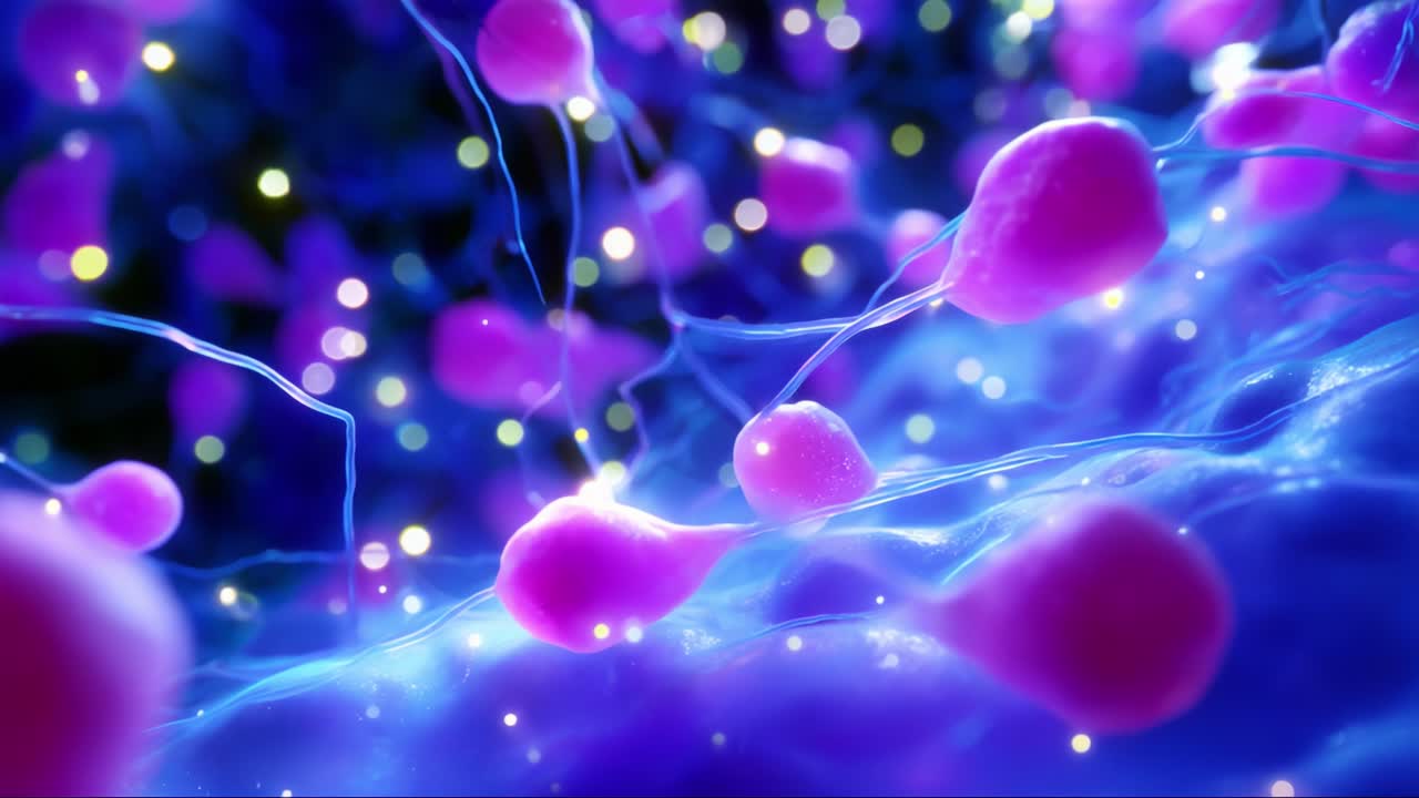 A visually stunning representation of vibrant cellular structures showcasing pink cells intertwined with delicate filaments, surrounded by luminous particles, creating an enchanting microscopic landscape of life and activity