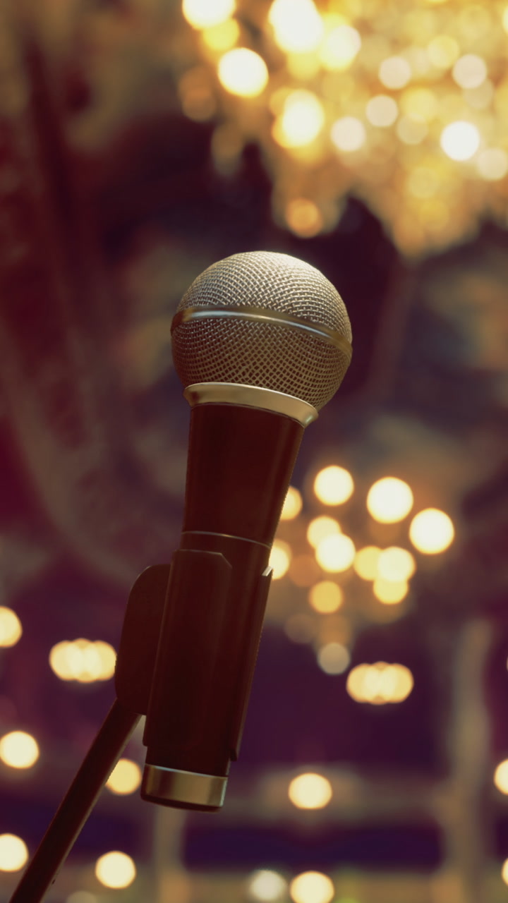 Microphone positioned for performance in an elegantly lit theater