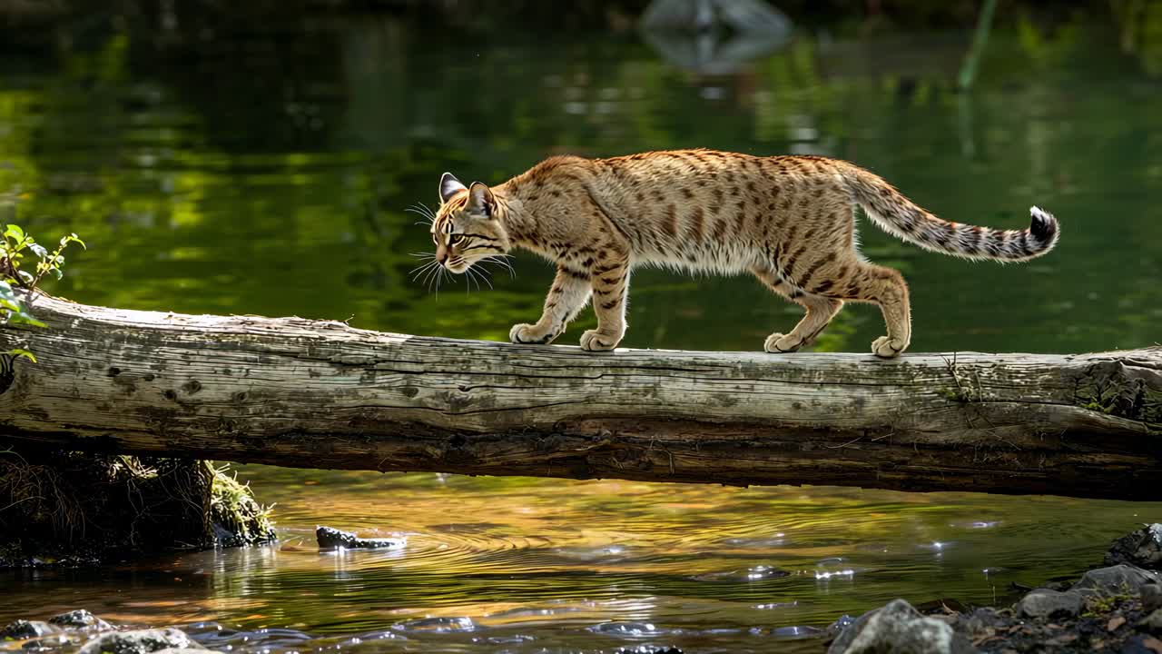 Avvistamento sponda opposta, lince rossa che cammina attraversando un tronco caduto al ruscello, coda in equilibrio, scansione della sponda