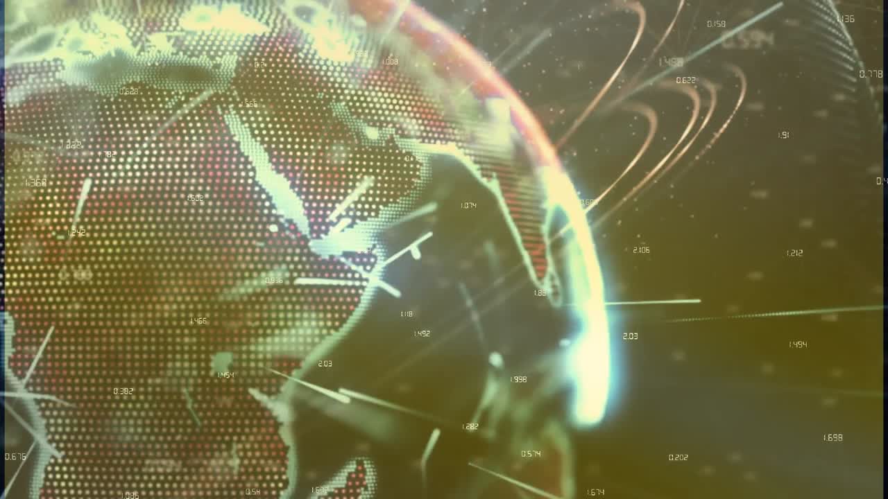 animación de rastros de luz sobre un globo giratorio contra un fondo gris.