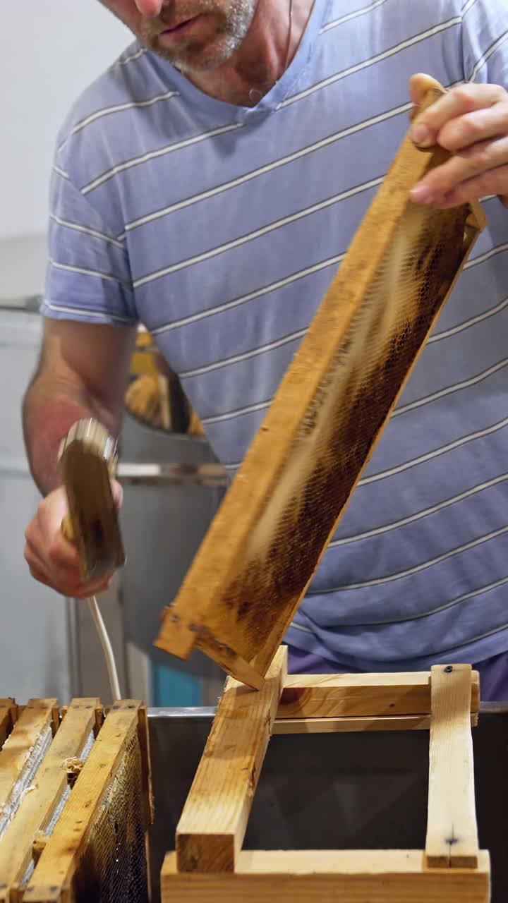 New harvest of honey. Beekeeper removes excess beeswax with the scraper by hand. Apiarist preparing frames with honeycomb for pumping honey on a farm. Vertical video