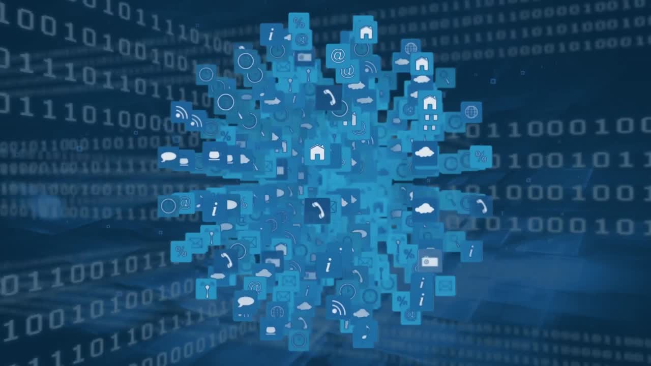 animación de iconos de internet para redes sociales en cubo con códigos binarios