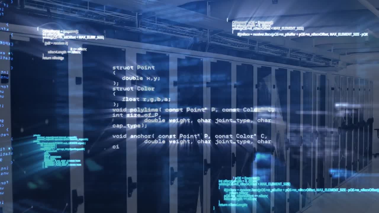 Animation of computer language over connected dots forming shapes against server room