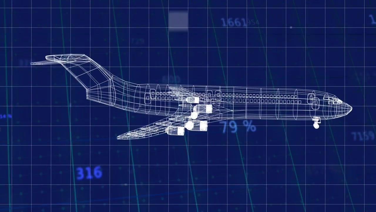 Data overlays appearing, wireframe jet rotating, banking, shifting across blue grid showing data