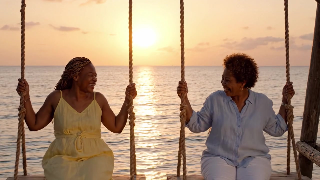 Two Women Enjoying a Peaceful Sunset on Swings by the Ocean, Capturing Moments of Joy and Connection in a Serene, Natural Setting