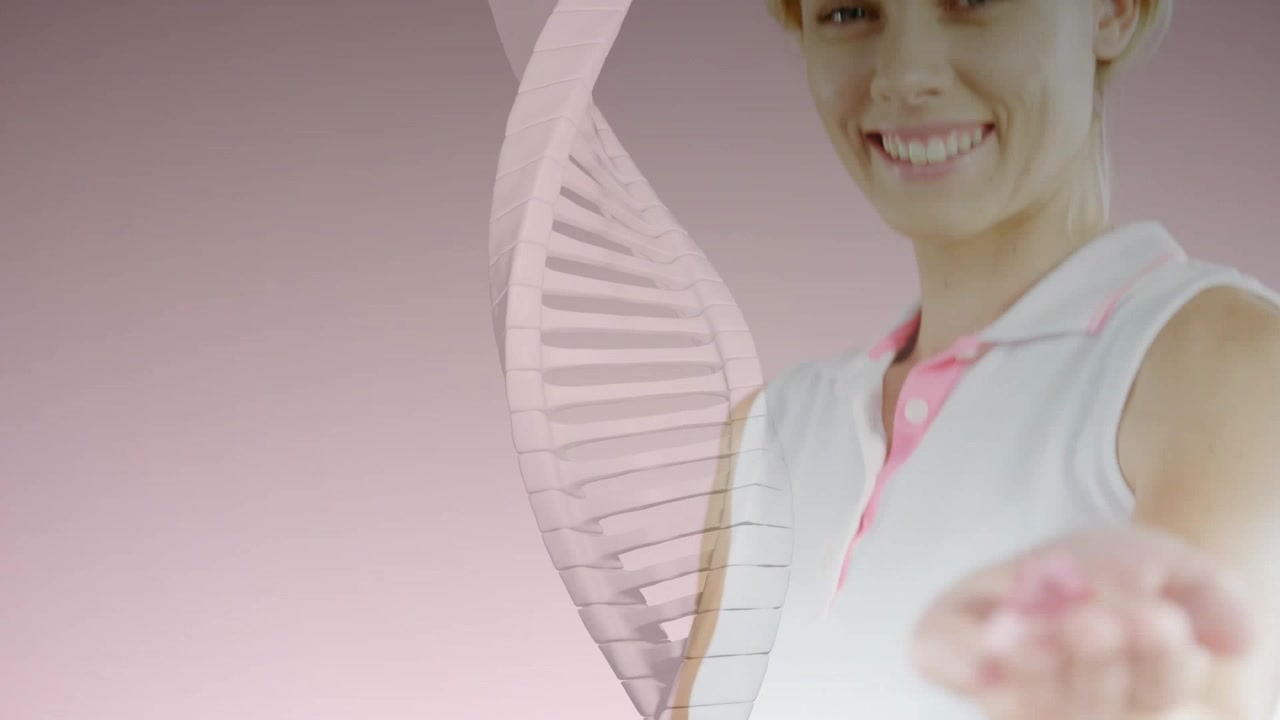 Donna che allunga la mano facendo apparire una capsula rosa mentre la telecamera si allontana, elica rotante per la biotecnologia