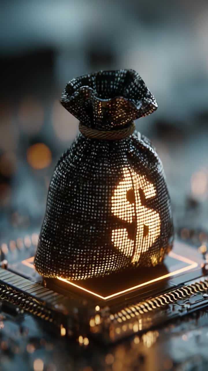Borsa di denaro illuminata su sfondo con chip che mostra la finanza moderna e l'integrazione tecnologica nell'economia digitale