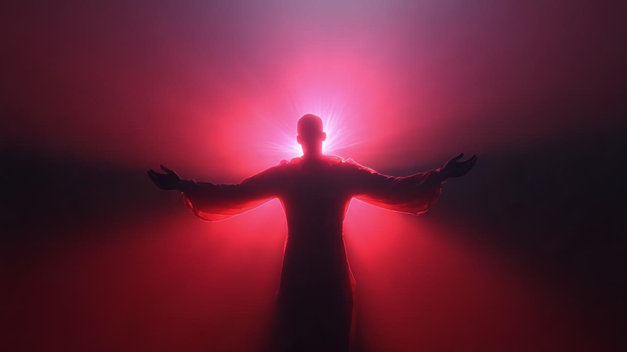 A figure emerges dramatically in a captivating display of vibrant red light, symbolizing transformation or awakening, standing against a backdrop of ethereal mist, evoking feelings of mystery and otherworldliness