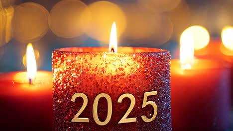 a lit candle with the number 2025 written on it. the candles are arranged in a row and are lit up