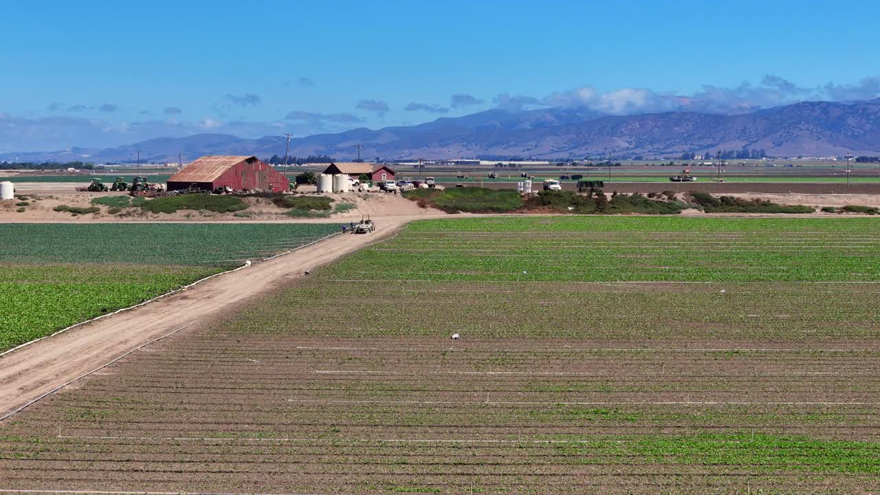 青空の下、カリフォルニア州サリナスバレーで作業する納屋とトラクターのある農地、アメリカ。