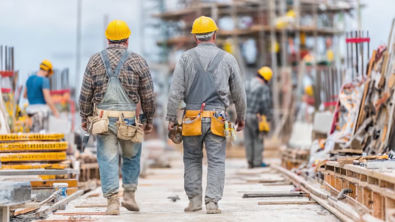 Construction Workers Wearing Yellow Hard Hats Walk Together on a Busy Job Site, Surrounded by Equipment and Busy Colleagues, Focusing on Collaboration and Safety