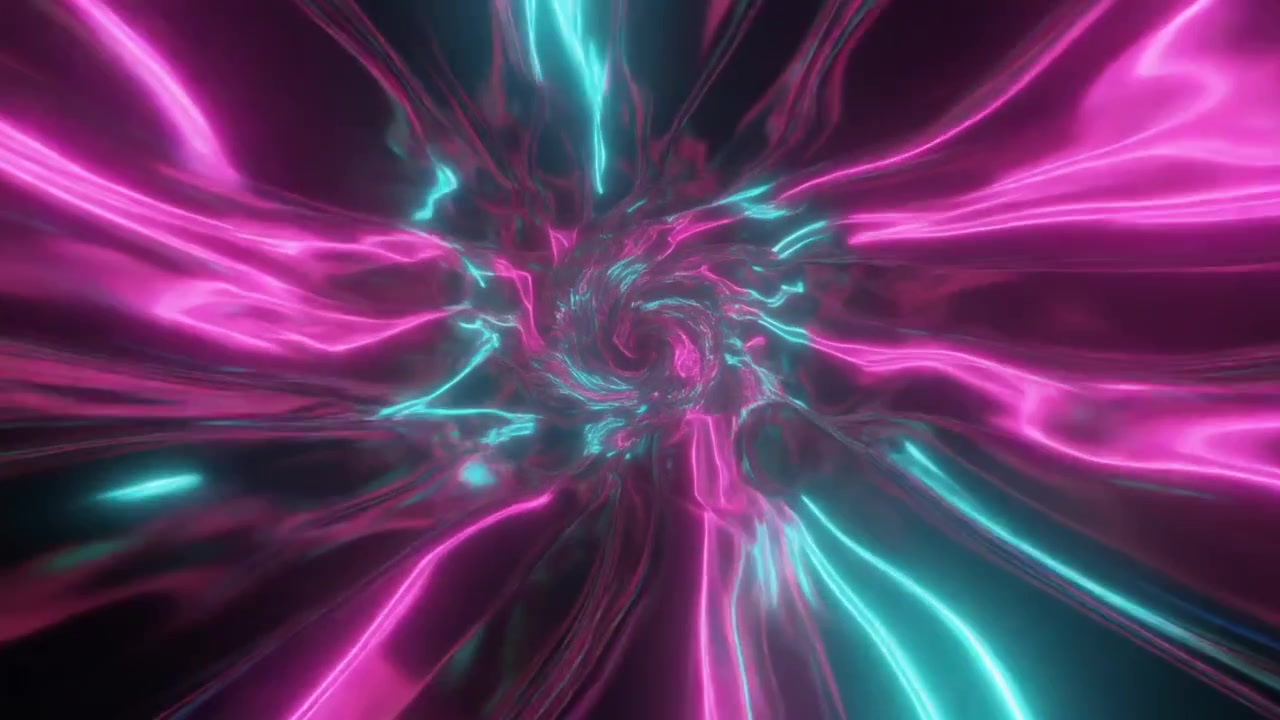 Tunnel astratto al neon con onde luminose rosa e blu