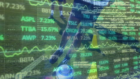 animación del procesamiento de datos financieros sobre diversos jugadores de fútbol en el campo