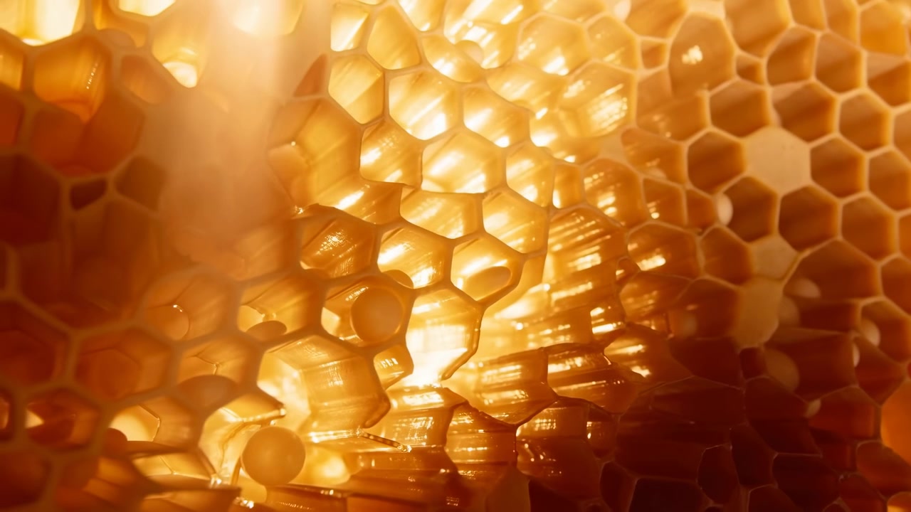 Primo piano di un motivo a nido d'ape in cera ambrata con celle esagonali traslucide, texture organica lucida e intensa retroilluminazione calda che crea un bagliore centrale luminoso per un uso come sfondo commerciale naturale e di alta qualità