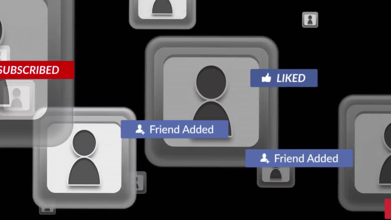 animación de iconos de redes sociales y procesamiento de datos sobre un fondo oscuro
