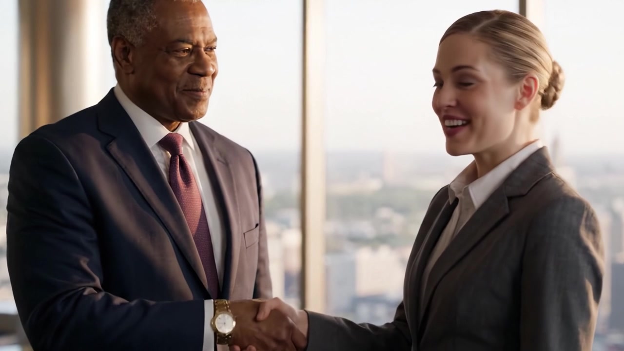 A Professional Exchange: Two Colleagues in Business Attire Engaging in a Positive Conversation and Shaking Hands in a Modern Office Setting with City Views