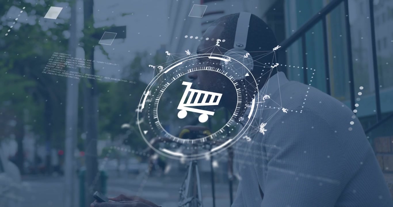 Uomo appoggiato a una ringhiera sul marciapiede, che tocca lo smartphone e attiva un HUD con carrello della spesa per lo shopping.