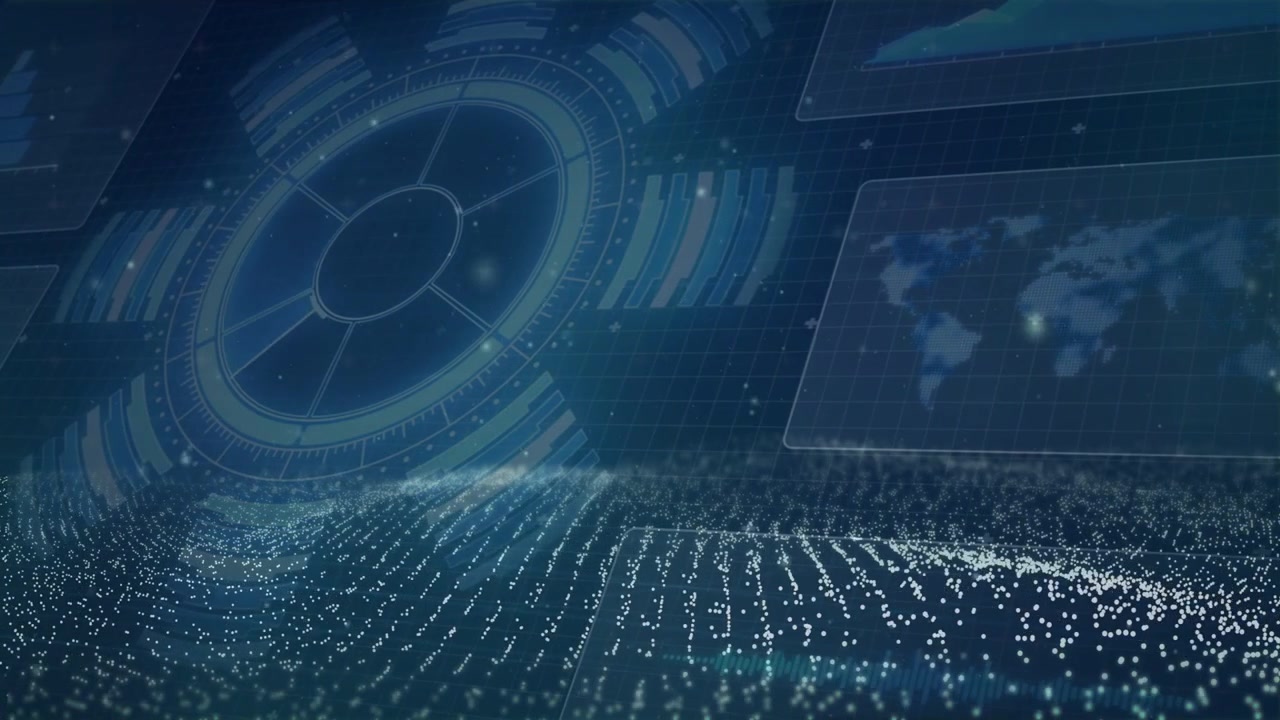On start data field rippling, holographic ring rotating, panels shimmering visualizing analytics