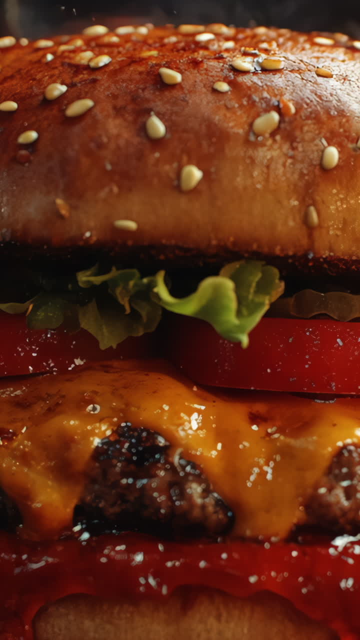A hamburger with a slice of tomato and cheese on top. The bun is toasted and has a lot of sesame seeds on it. The burger is sitting on a table with a fire in the background