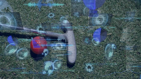 hockey stick and ball on grass with digital data processing animation overlay