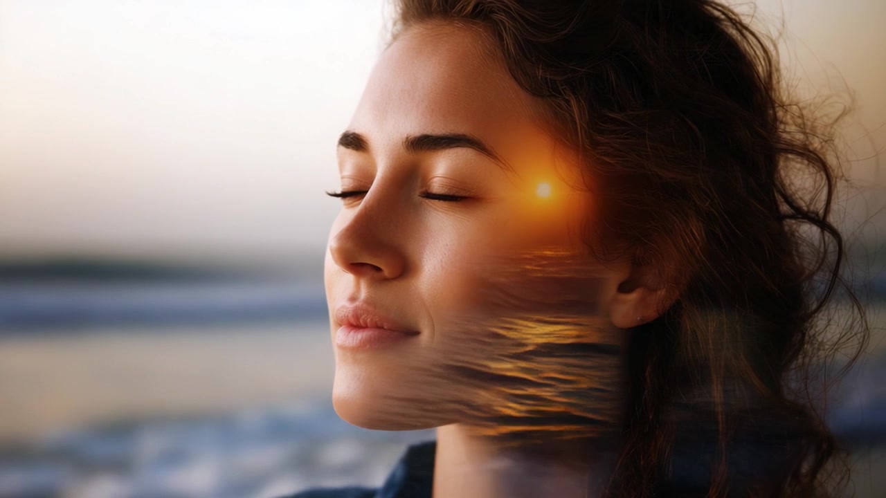 Un momento sereno: una joven pensativa con los ojos cerrados, inmersa en la belleza natural en medio de un paisaje onírico de océano y reflejos del atardecer